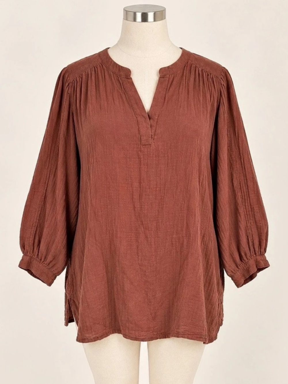 Old Navy 3X Brown Cotton Gauze Tunic Top Split Neck Boho Balloon Sleeve Plus